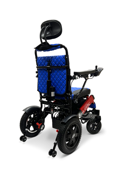 ComfyGO Majestic IQ-9000 electric wheelchair rear three-quarter view in blue upholstery showing headrest and rear suspension