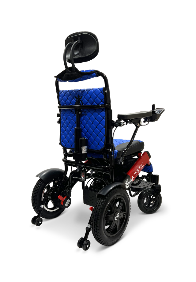 ComfyGO Majestic IQ-9000 electric wheelchair rear three-quarter view in blue upholstery showing headrest and rear suspension