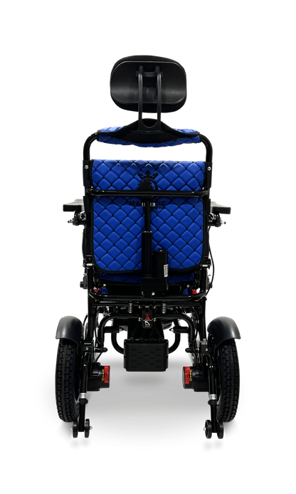 ComfyGO Majestic IQ-9000 electric wheelchair viewed from the back in blue upholstery showing headrest and rear suspension