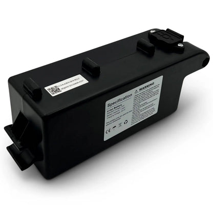 ComfyGO Majestic IQ-9000 removable 24V 7.5Ah lithium-ion wheelchair battery with specification and warning label
