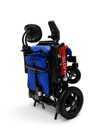 ComfyGO Majestic IQ-9000 electric wheelchair folded upright in blue upholstery for compact travel and storage