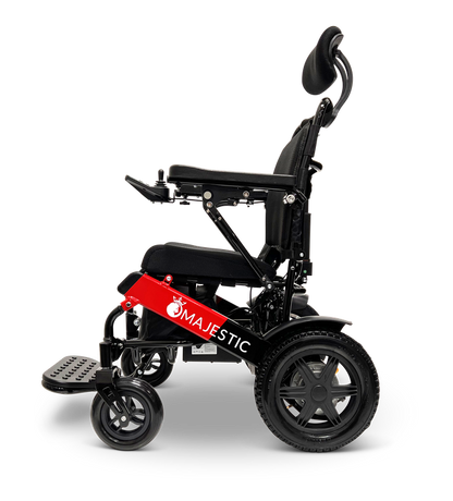 ComfyGO Majestic IQ-9000 electric wheelchair side view upright showing the joystick controller, headrest, and footrest
