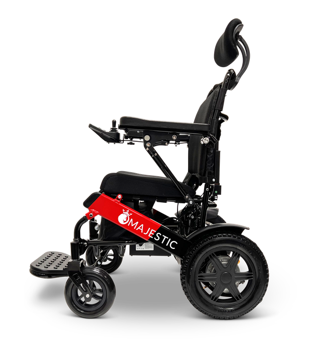 ComfyGO Majestic IQ-9000 electric wheelchair side view upright showing the joystick controller, headrest, and footrest