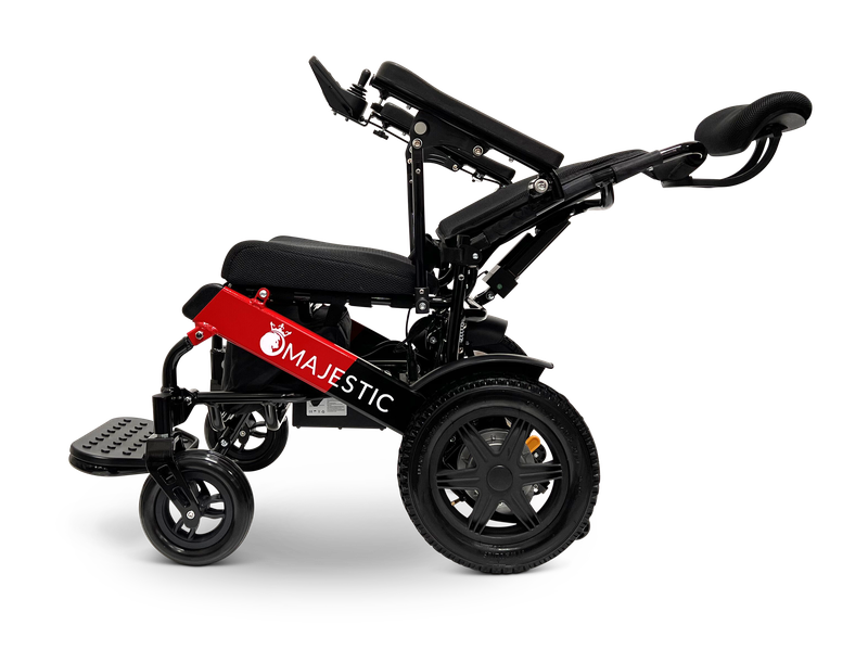ComfyGO Majestic IQ-9000 electric wheelchair shown from the side with backrest reclined and headrest raised