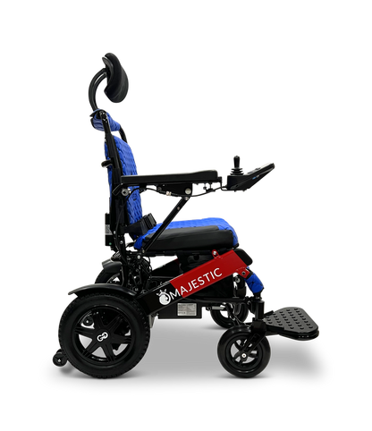 ComfyGO Majestic IQ-9000 electric wheelchair shown from the side upright in blue upholstery with headrest and joystick