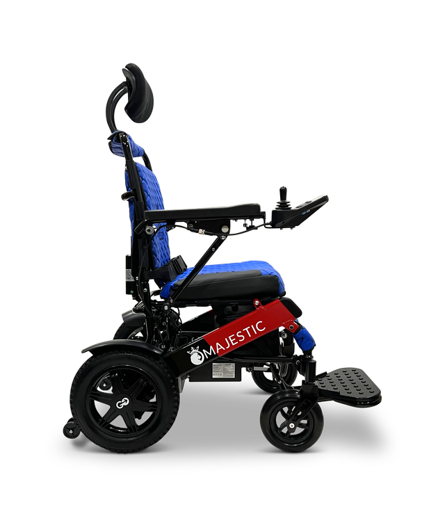 ComfyGO Majestic IQ-9000 electric wheelchair shown from the side upright in blue upholstery with headrest and joystick