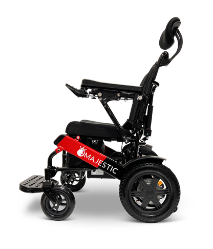 ComfyGO Majestic IQ-9000 electric wheelchair side view upright with black upholstery, red frame, and headrest