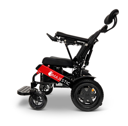 ComfyGO Majestic IQ-9000 electric wheelchair shown from the side partially reclined with headrest and footrest