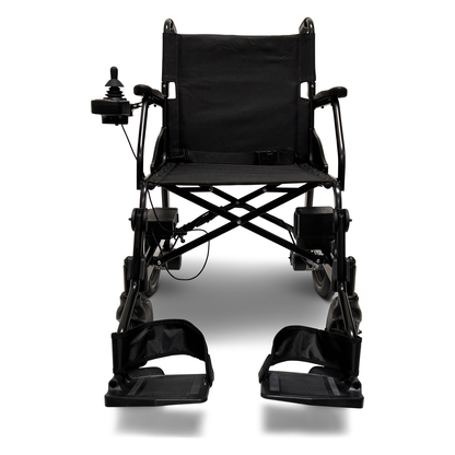 Front view of an ultra lightweight electric wheelchair with joystick controls and footrests