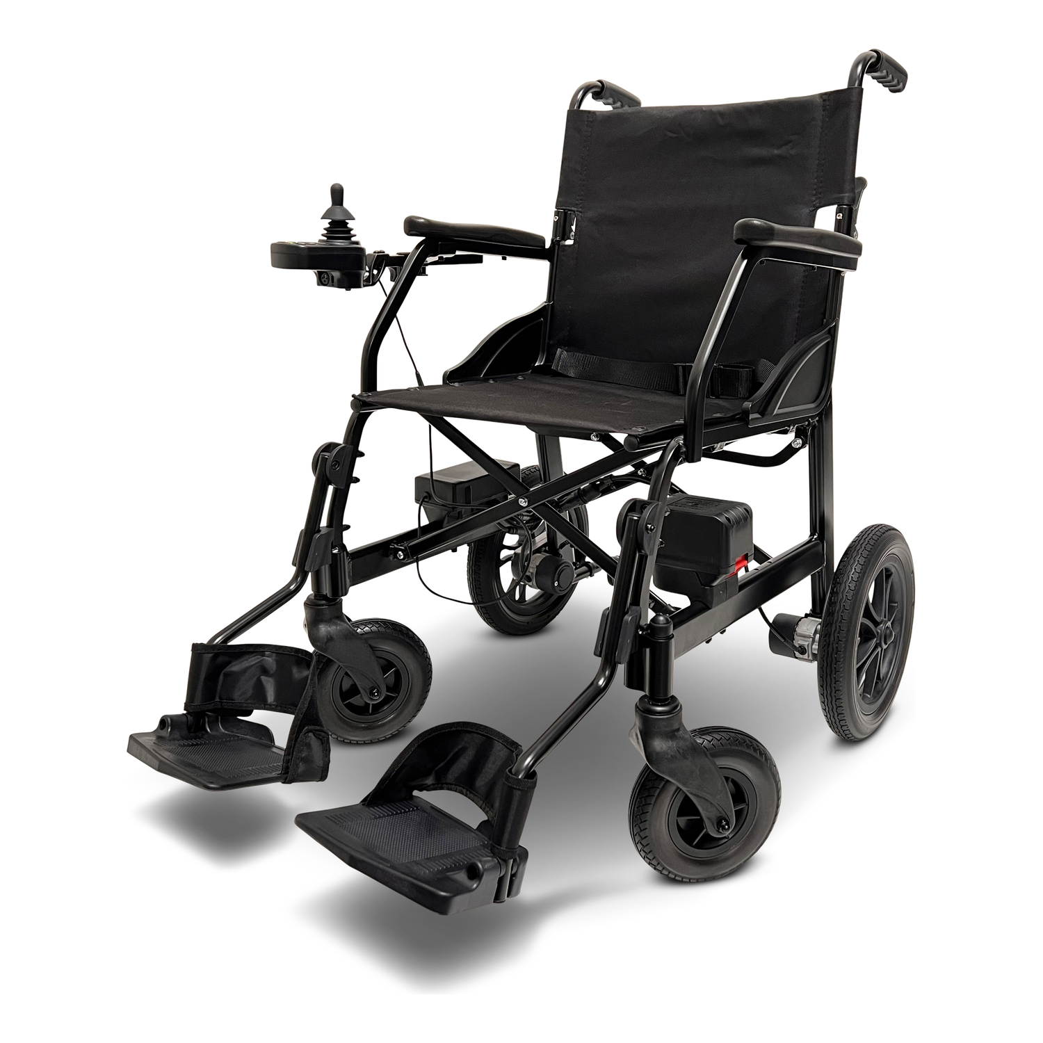 Ultra lightweight electric wheelchair with joystick, black frame, and foldable footrests.