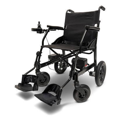 Ultra lightweight electric wheelchair with joystick, black frame, and foldable footrests.
