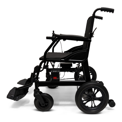 Ultra lightweight electric wheelchair with black frame and compact wheels, side view