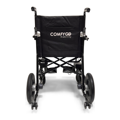 Rear view of a lightweight electric folding wheelchair with large rear wheels on white background.