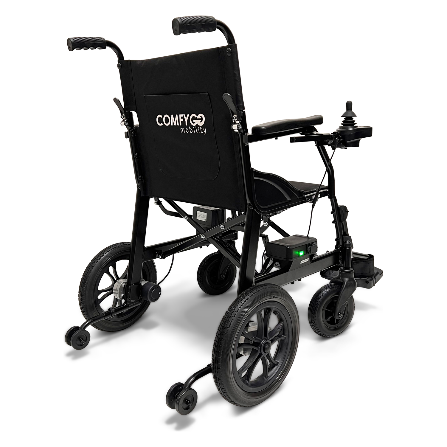 Ultra lightweight electric wheelchair with joystick control, compact black frame and rear wheels