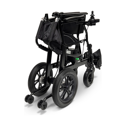 Folded ultra lightweight electric wheelchair with joystick, black frame and large wheels