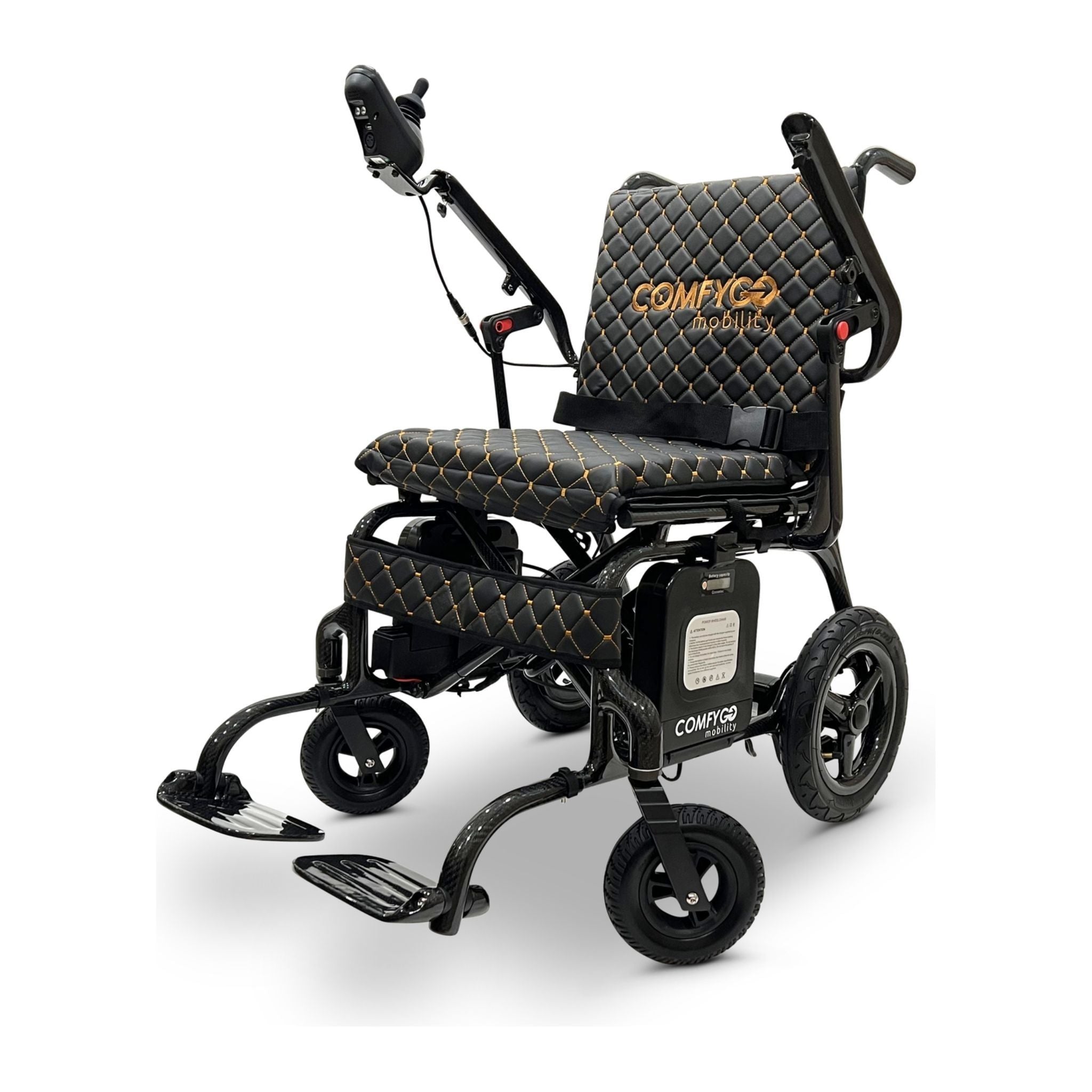 Front angle view of the ComfyGO Phoenix Carbon Fiber electric wheelchair featuring an ultra-lightweight folding carbon fiber frame, ergonomic quilted seating, joystick controller, airline-approved batteries, and compact travel-ready design.