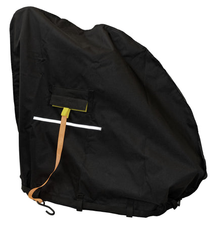 Diestco 3-slot power wheelchair cover shown upright with a reflective strip and orange tie-down strap