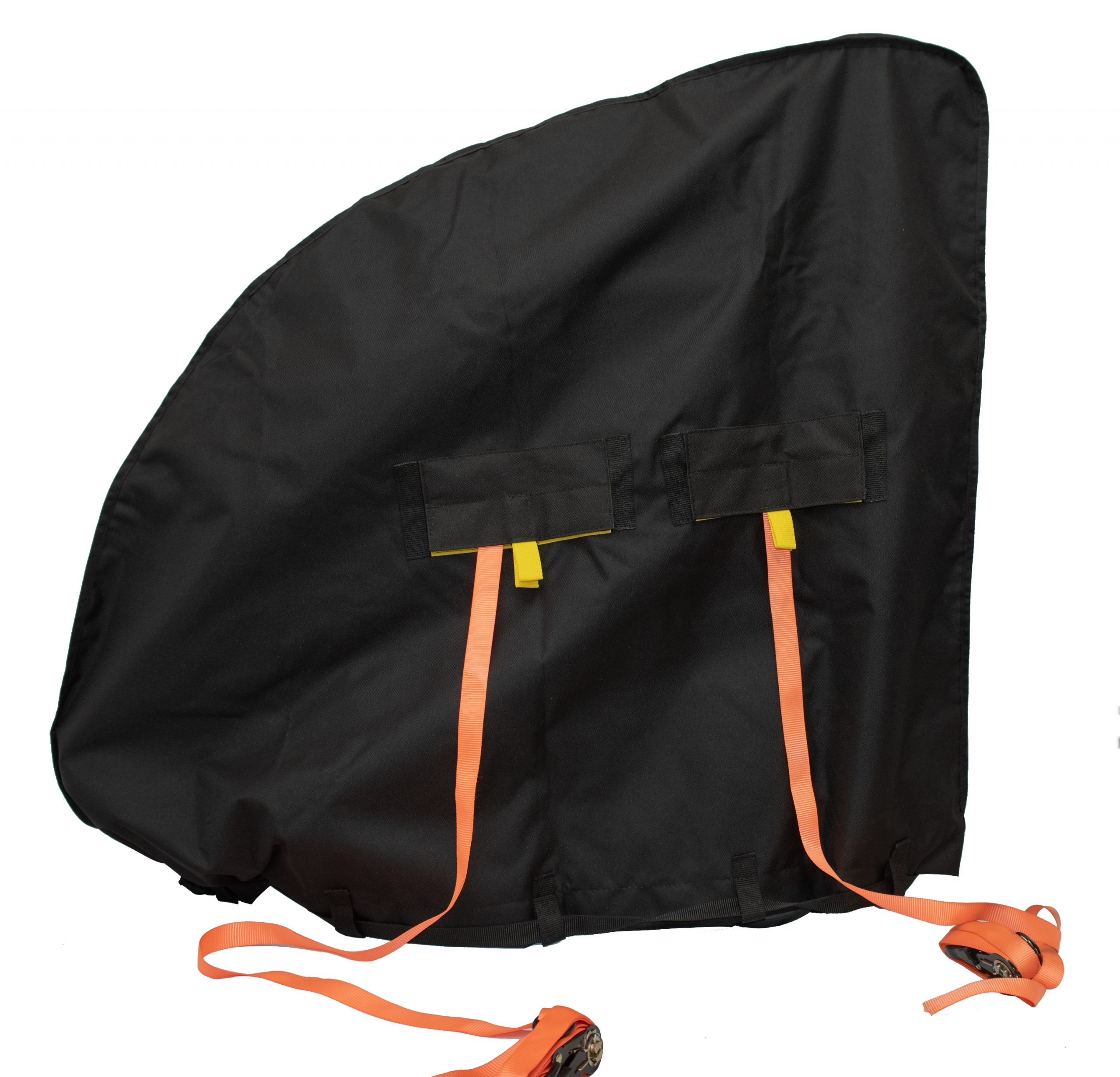 Diestco 3-slot power wheelchair cover laid flat showing the slot closures and orange tie-down straps