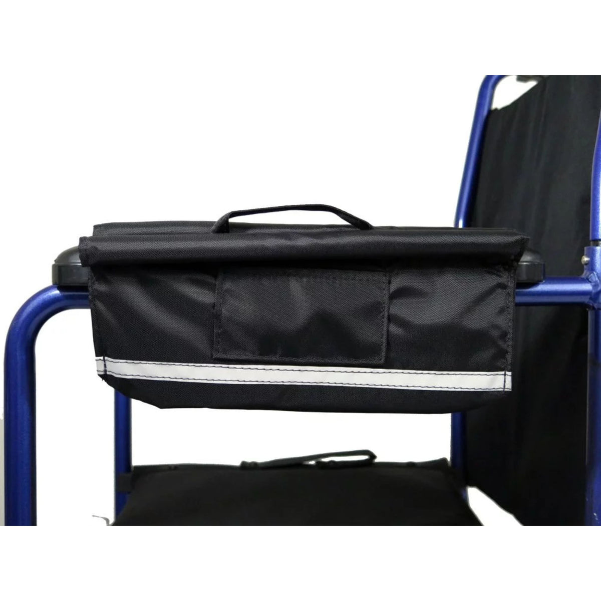 Front view of the Diestco Armrest Pocket closed on a manual wheelchair armrest, with carry handle, front slip pocket, and reflective strip