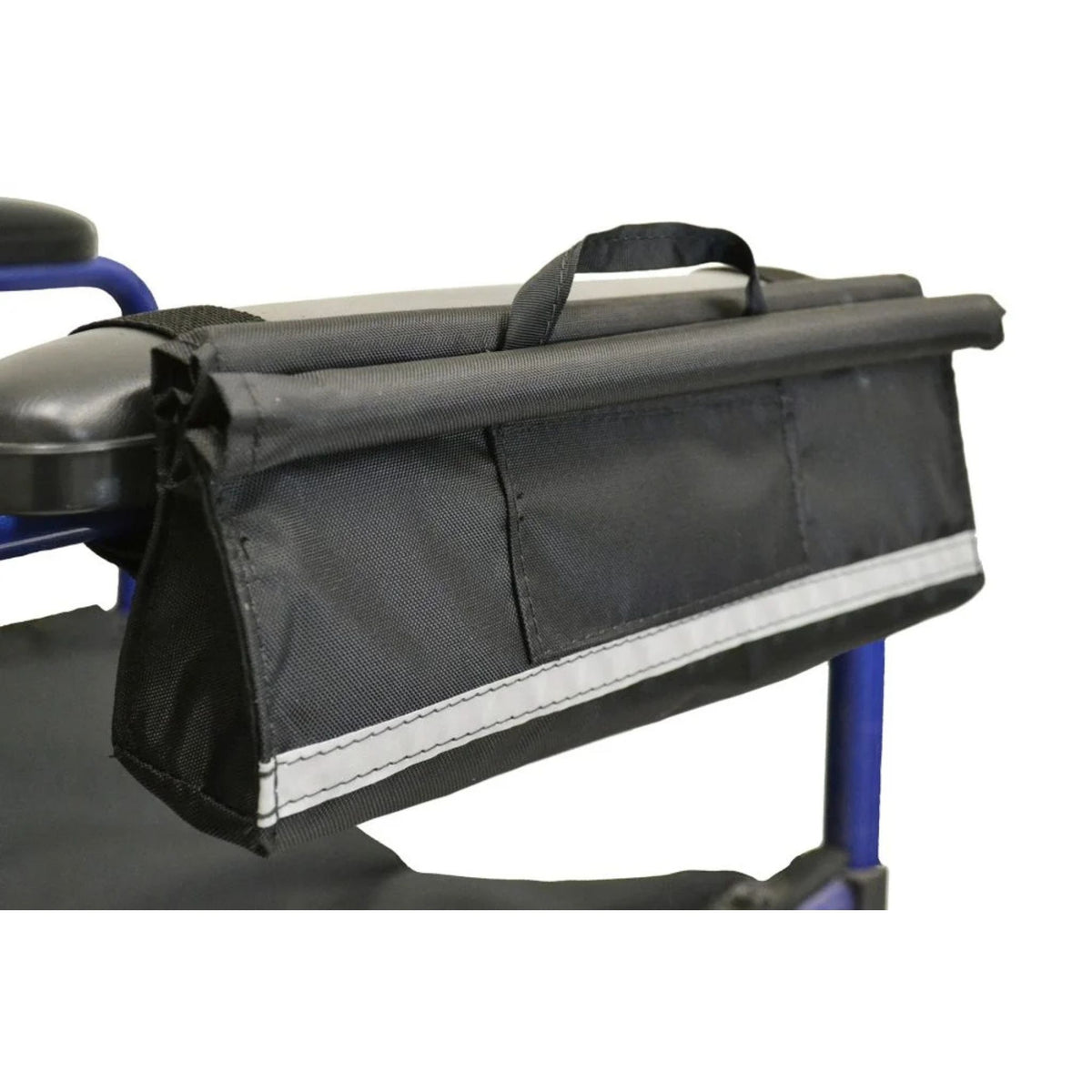 Diestco Armrest Pocket strapped to a manual wheelchair armrest with hook-and-loop, showing the slim profile, front pocket, and reflective strip