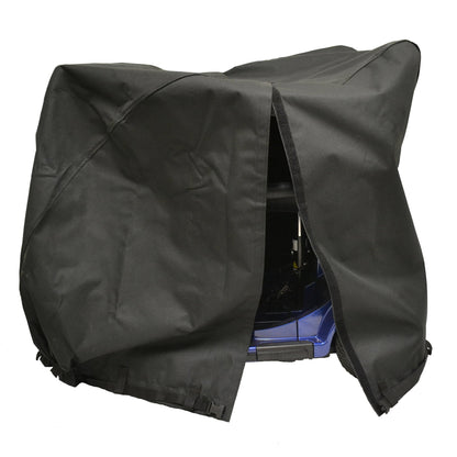 Diestco back slit scooter cover on a blue mobility scooter with the full-length back slit open for docking hardware