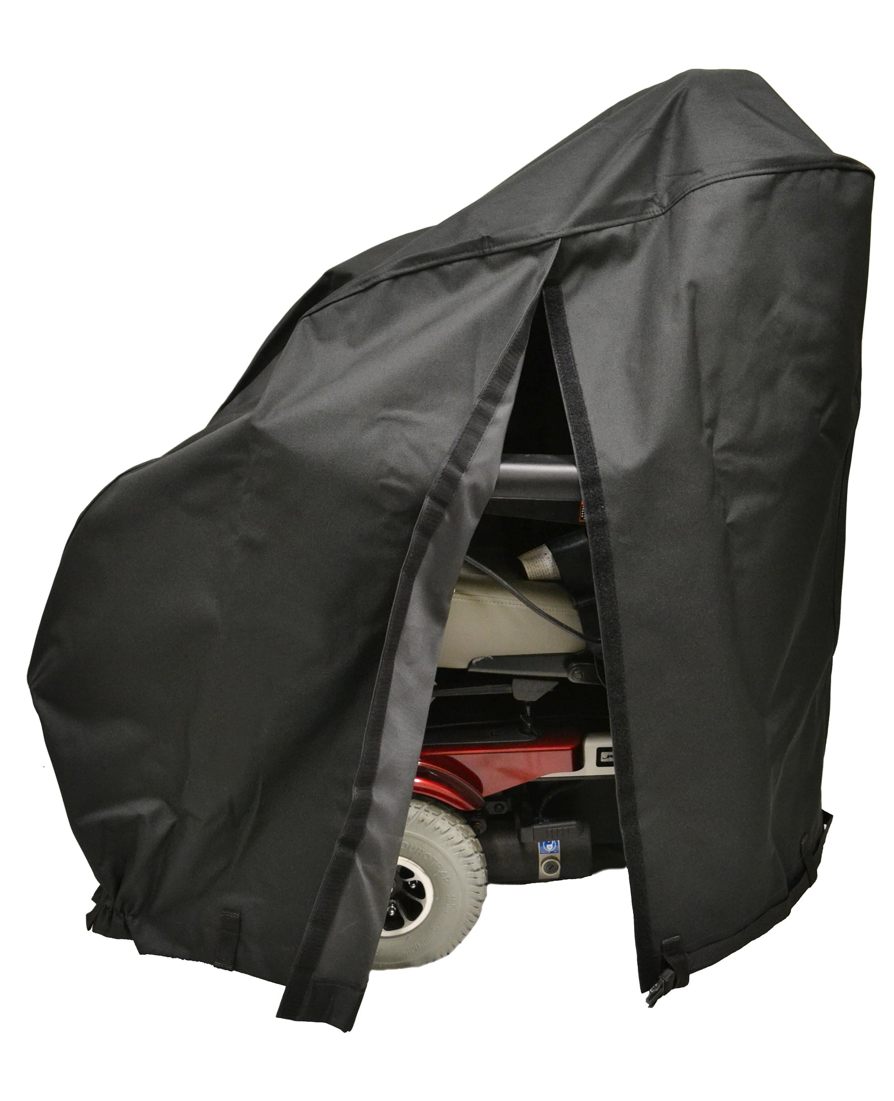 Diestco back slit power wheelchair cover on a power chair with the full-length back slit open for docking hardware