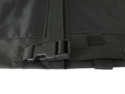 Close-up of the Diestco back slit mobility scooter cover's bottom side-release buckle and webbing strap
