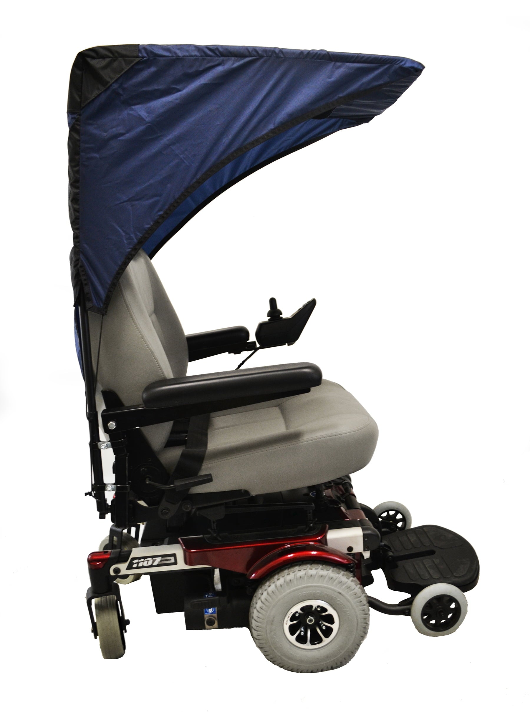 Diestco base WeatherBreaker canopy in navy blue mounted overhead on a power wheelchair for sun and rain protection