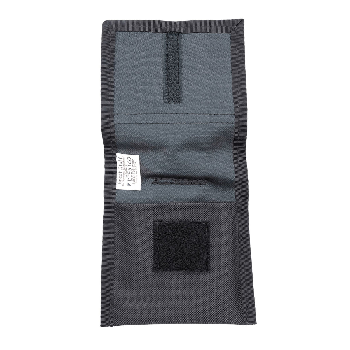 Diestco Cell Phone Holder unfolded to show the lined interior, hook-and-loop flap closure, and Made in USA label