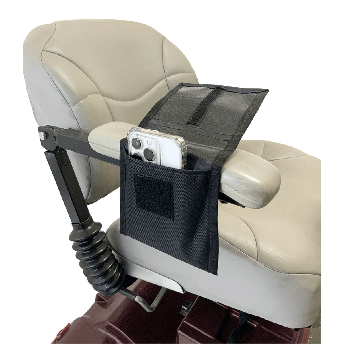 Diestco Cell Phone Holder draped over a mobility scooter armrest with a smartphone in the pouch, flap open, hook-and-loop closure visible