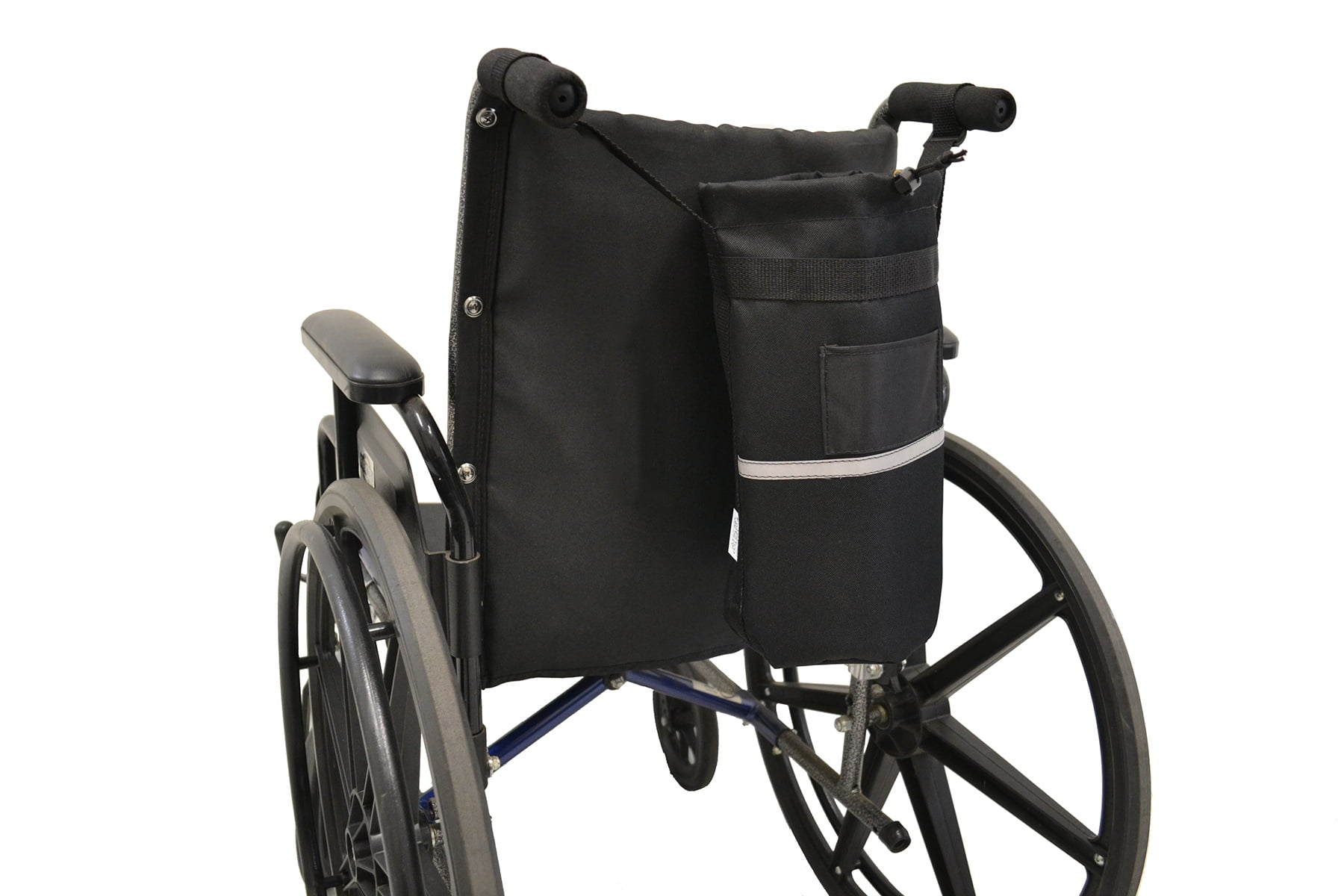 Black Diestco D oxygen tank holder strapped to the push handles on the back of a wheelchair