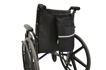 Black Diestco D oxygen tank holder strapped to the push handles on the back of a wheelchair