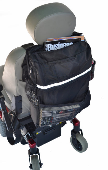 Angled view of the Diestco Deluxe Seatback Bag showing zippered compartments, a mesh side pocket, and ID pocket