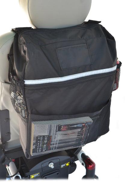 Front view of the Diestco Deluxe Seatback Bag showing the ID pocket, reflective strip, and mesh storage pocket