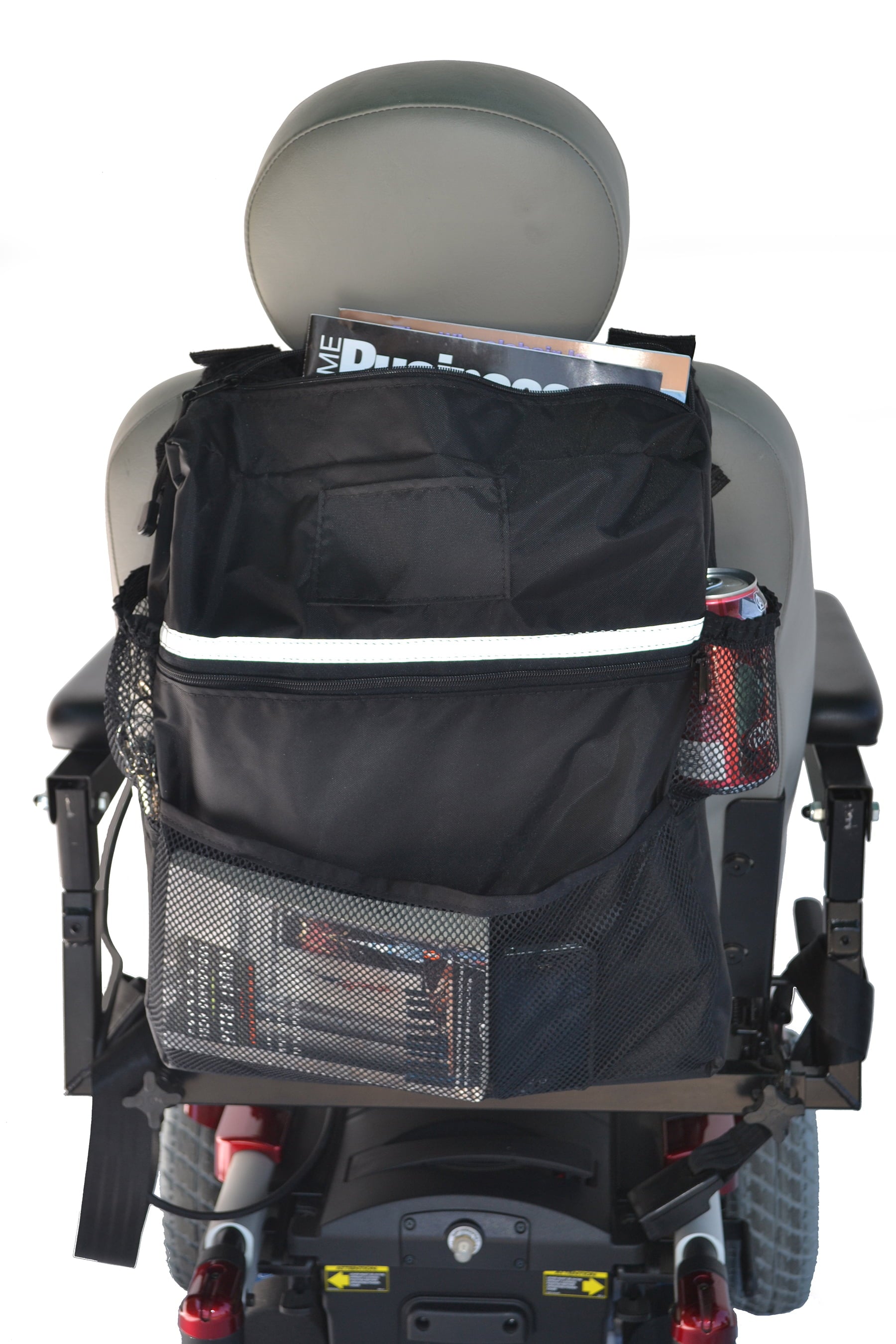 Black Diestco Deluxe Seatback Bag on a scooter seatback with multiple pockets, a mesh cup holder, and reflective strip
