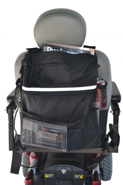 Black Diestco Deluxe Seatback Bag on a scooter seatback with multiple pockets, a mesh cup holder, and reflective strip
