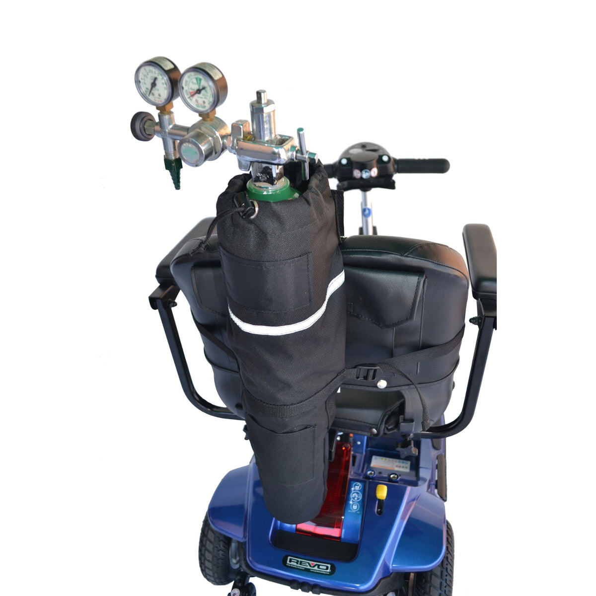 Rear view of the Diestco E-Tank Holder on a mobility scooter seatback, carrying a green E oxygen cylinder with regulator and gauges visible above the drawstring top