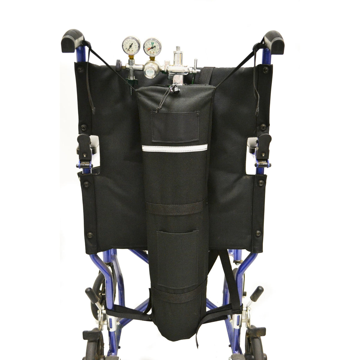 Diestco E-Tank Holder looped around the push handles of a manual wheelchair, carrying an E oxygen cylinder upright behind the seatback with regulator and gauges at the top