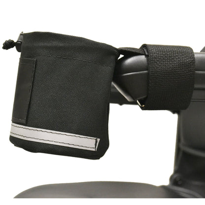 Diestco Front Grip cupholder attached to a mobility scooter armrest showing hook-and-loop strap and reflective trim