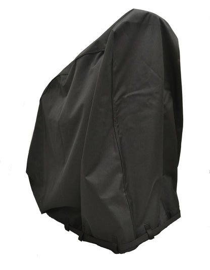Diestco heavy-duty black power wheelchair cover shown at an angle with a reflective safety strip and belt straps