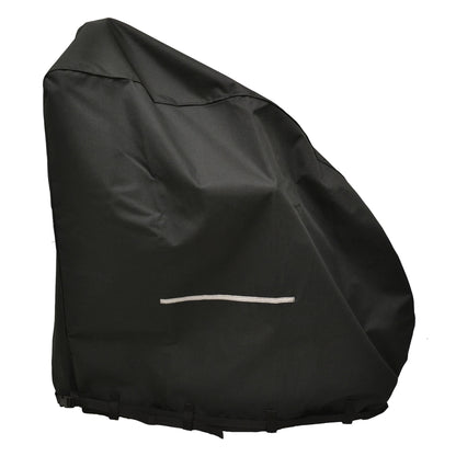 Diestco heavy-duty black power wheelchair cover shown from the side with webbing belt straps along the bottom
