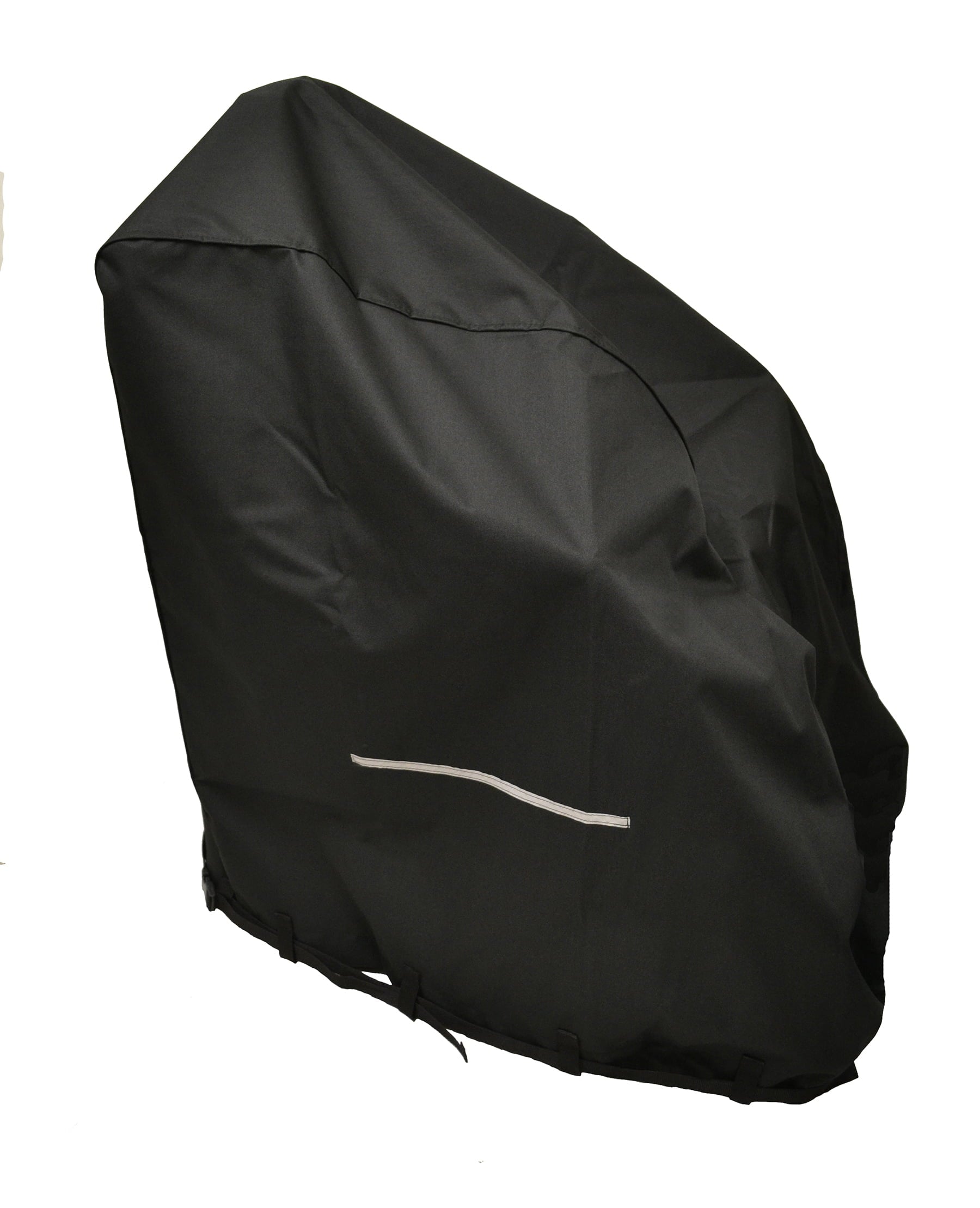 Diestco heavy-duty black power wheelchair cover front angle with reflective safety strip and webbing belt straps