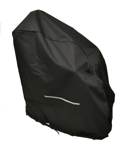 Diestco heavy-duty black power wheelchair cover front angle with reflective safety strip and webbing belt straps