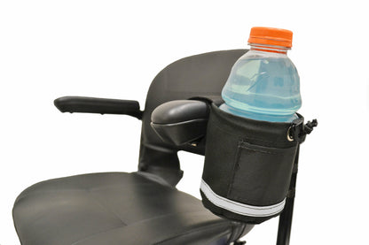 Diestco horizontal grip cupholder securely attached to a power wheelchair armrest with a sports drink bottle