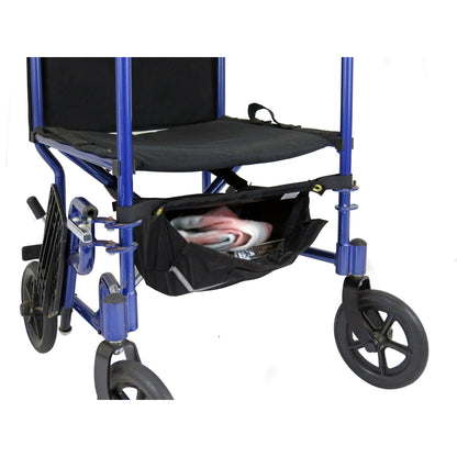 Diestco Large Glove Box under a transport wheelchair seat, flap open to show a folded blanket and a book inside