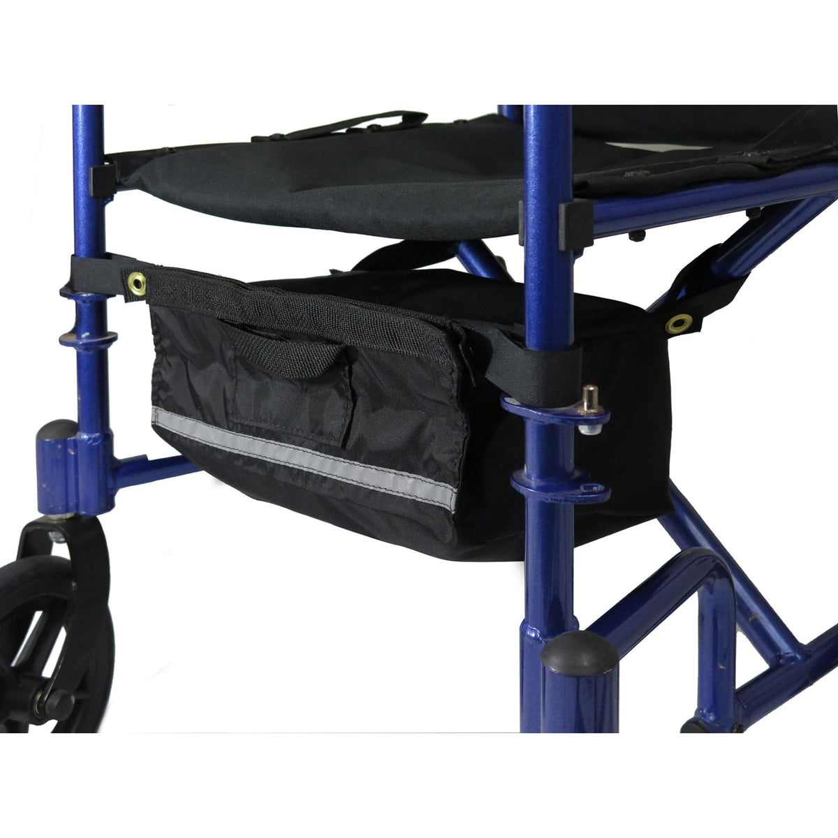 Diestco Large Glove Box strapped beneath a transport wheelchair seat with grommet straps, front slip pocket, and reflective strip