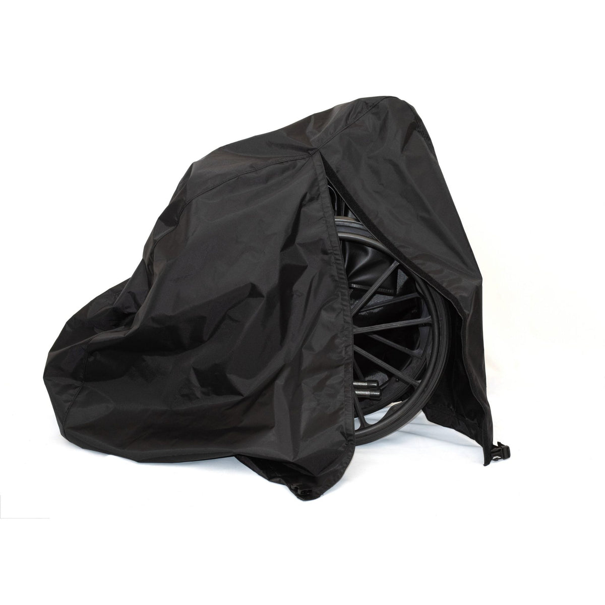 Diestco manual wheelchair cover with its back slit open, showing the folded wheelchair and wheel inside
