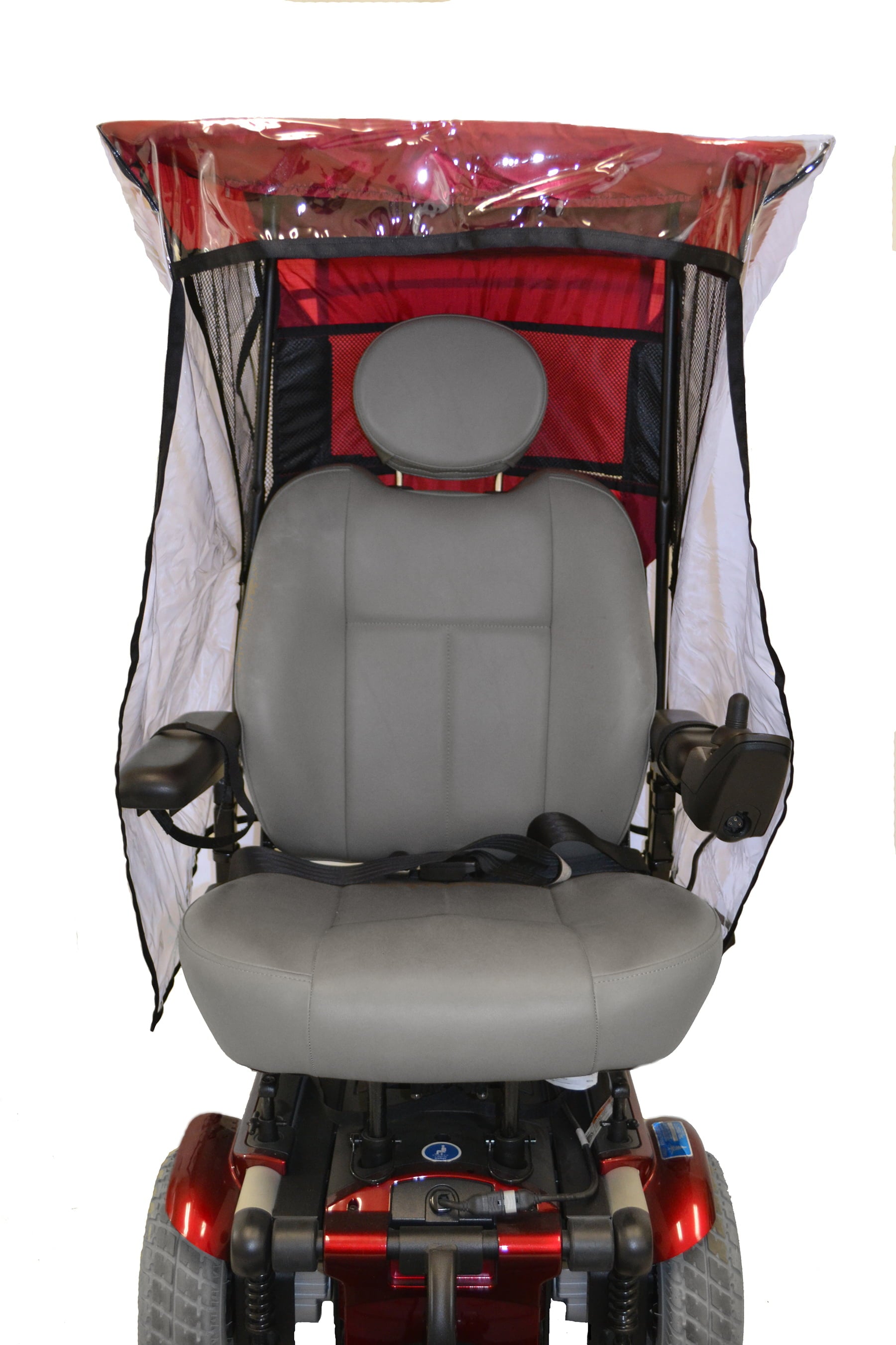 Front view of the Diestco max protection WeatherBreaker canopy in red with clear plastic drapes for weather protection