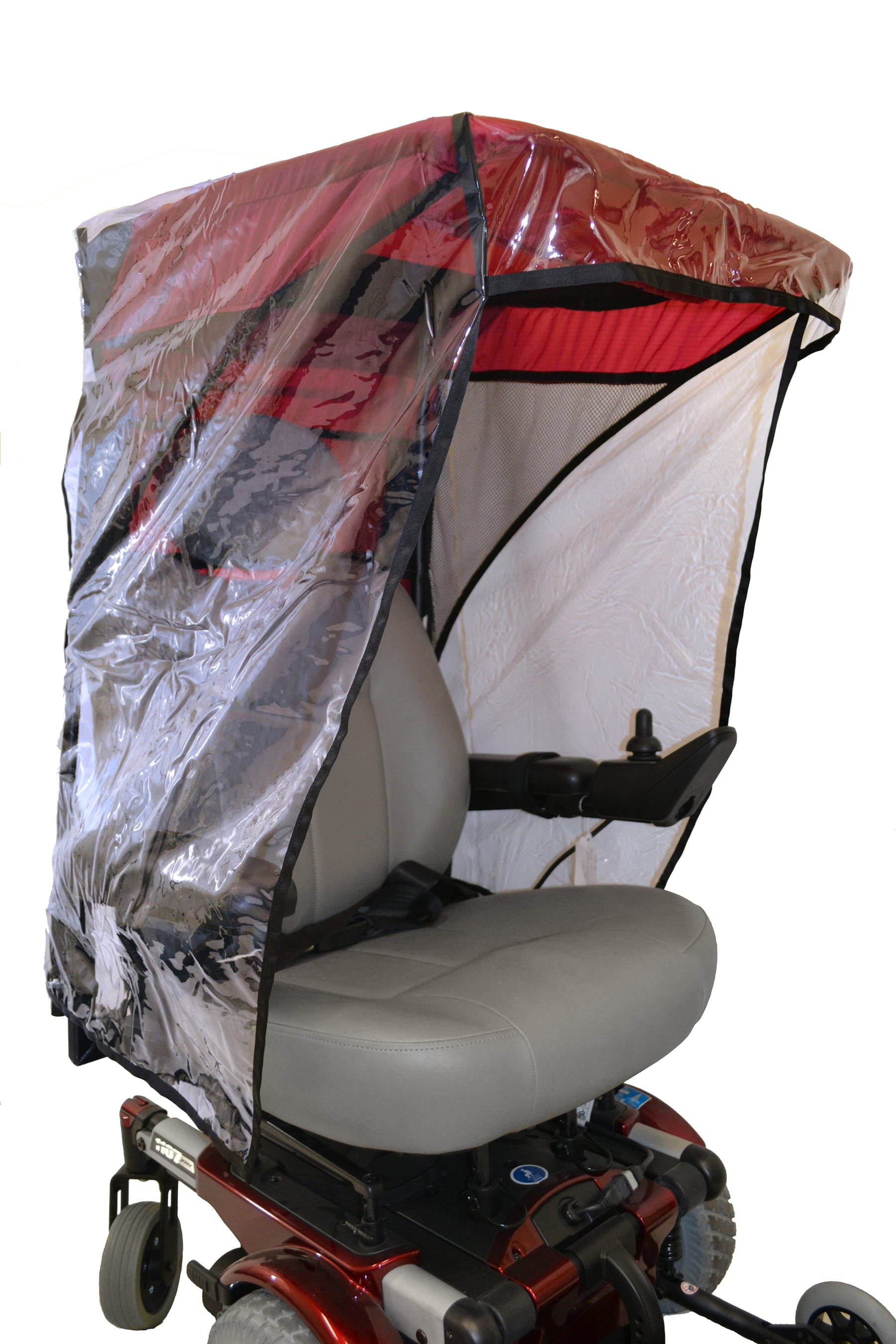 Diestco max protection WeatherBreaker canopy in red with clear plastic side drapes deployed on a power wheelchair