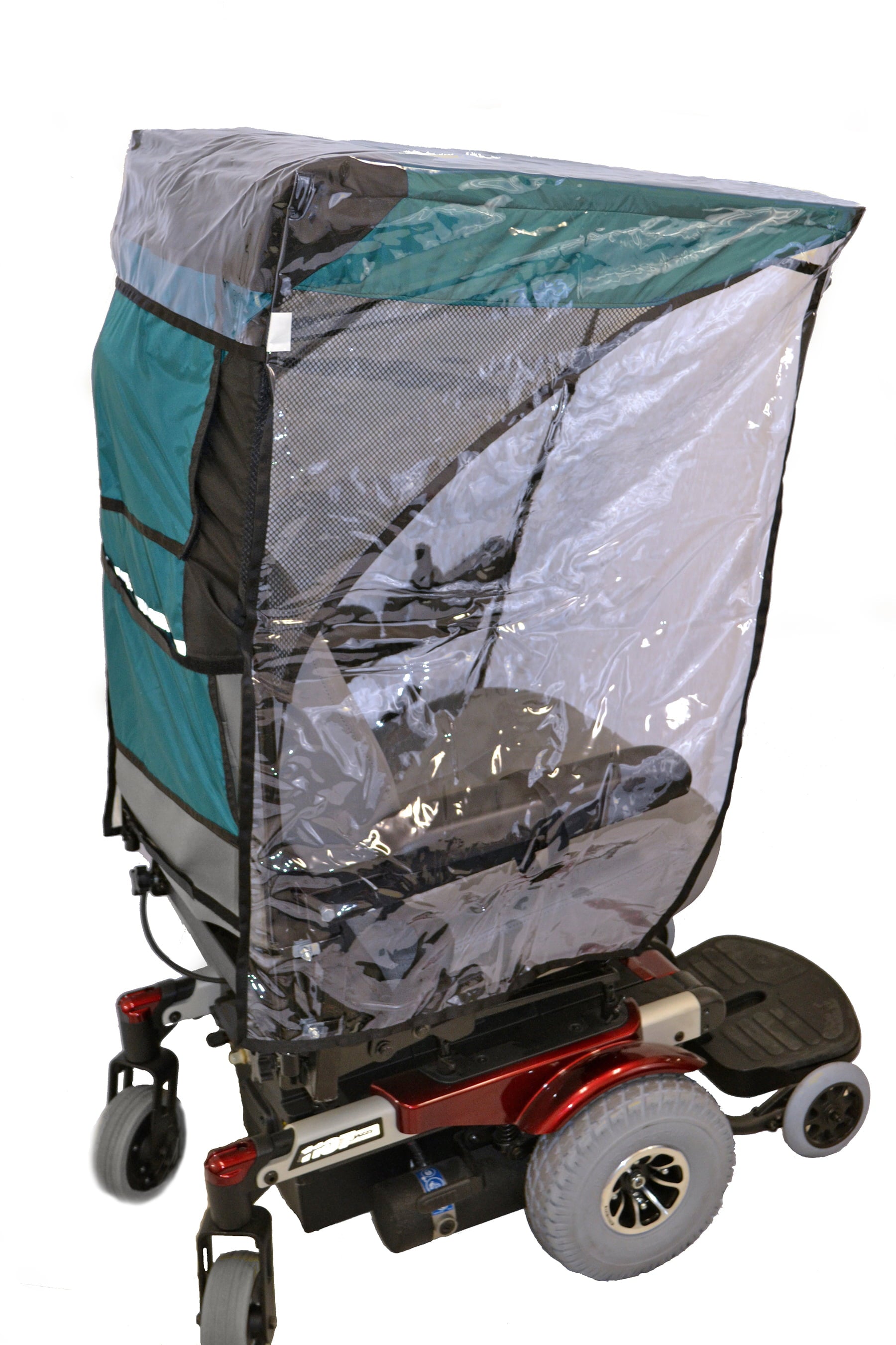 Diestco max protection WeatherBreaker canopy in teal with clear plastic side drapes deployed for 3-sided coverage